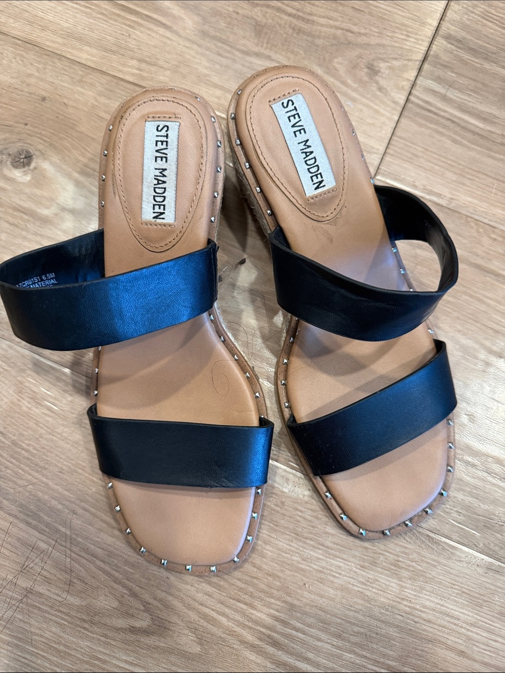 Steve Madden Black Double-Strap Studded Slide Sandals with Tan Footbed